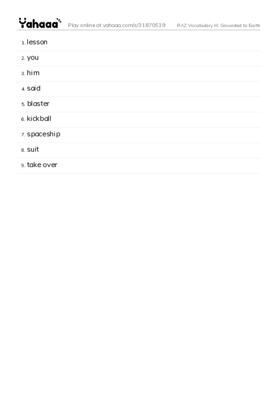 RAZ Vocabulary H: Grounded to Earth PDF words glossary