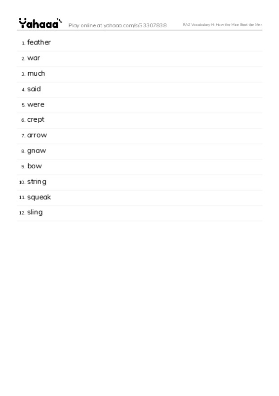 RAZ Vocabulary H: How the Mice Beat the Men PDF words glossary