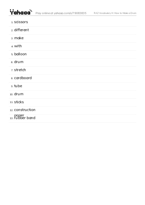 RAZ Vocabulary H: How to Make a Drum PDF words glossary
