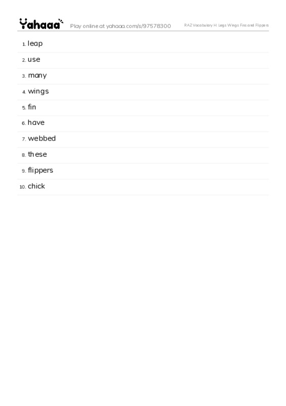 RAZ Vocabulary H: Legs Wings Fins and Flippers PDF words glossary