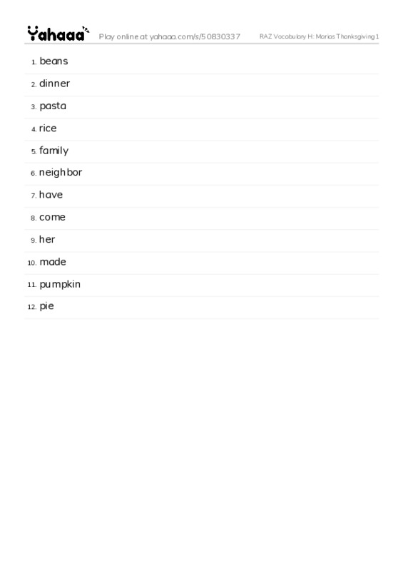 RAZ Vocabulary H: Marias Thanksgiving1 PDF words glossary