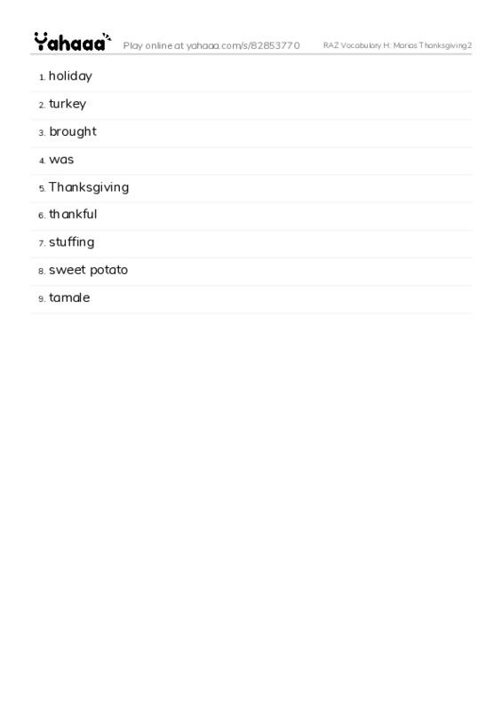 RAZ Vocabulary H: Marias Thanksgiving2 PDF words glossary