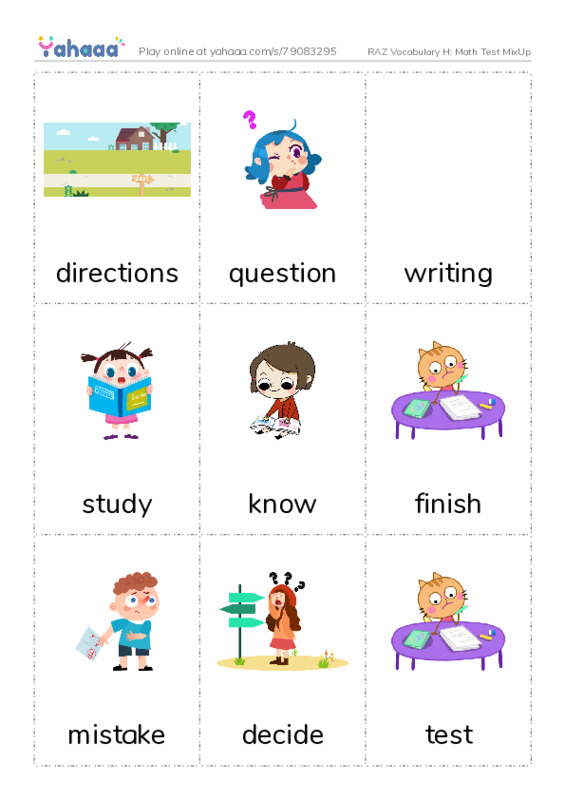 RAZ Vocabulary H: Math Test MixUp PDF flaschards with images