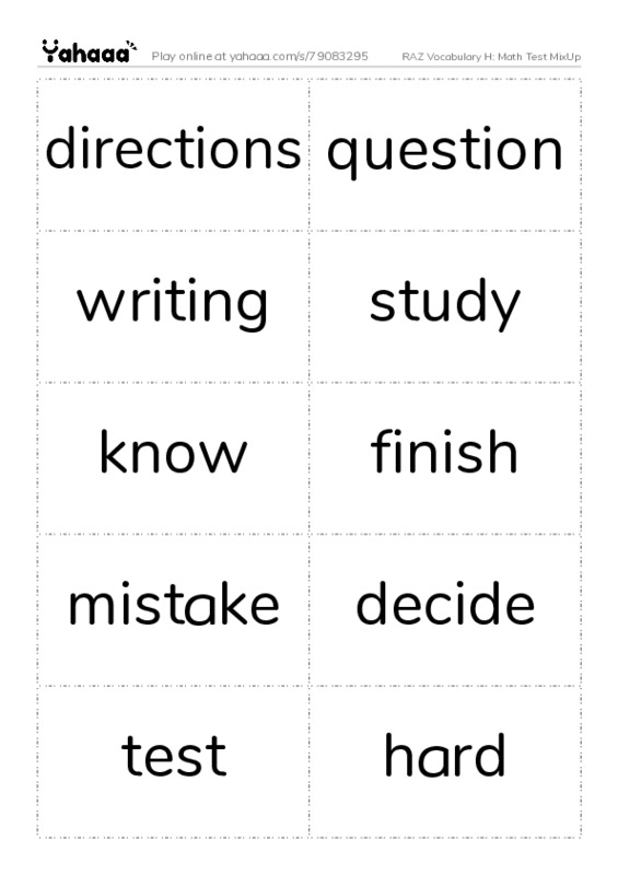 RAZ Vocabulary H: Math Test MixUp PDF two columns flashcards
