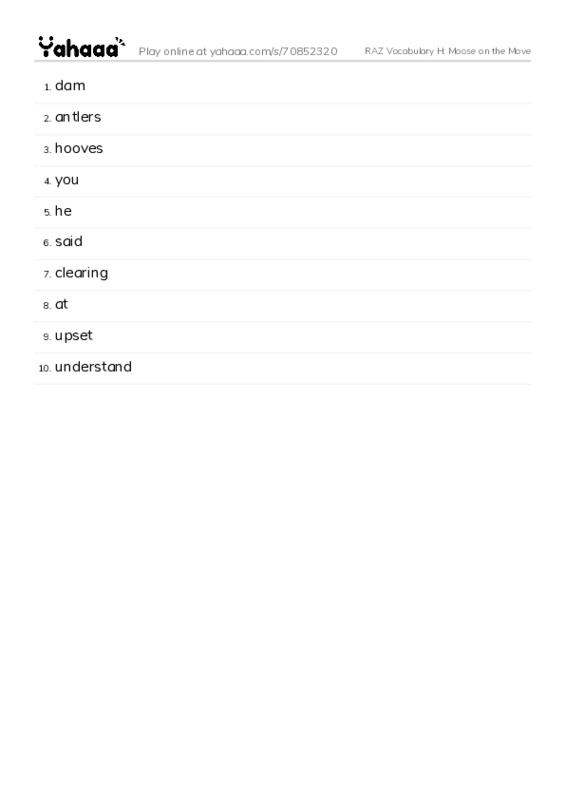 RAZ Vocabulary H: Moose on the Move PDF words glossary