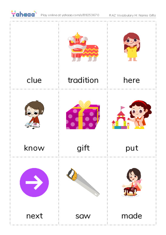 RAZ Vocabulary H: Namis Gifts PDF flaschards with images