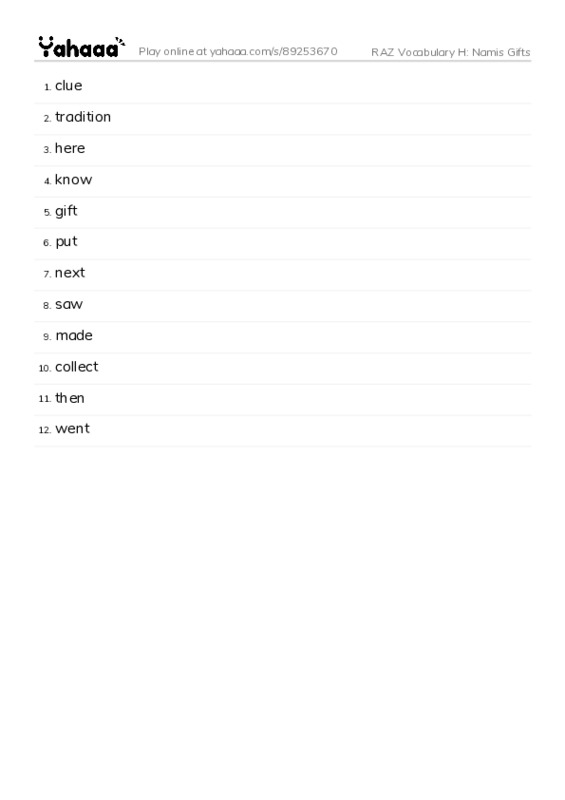 RAZ Vocabulary H: Namis Gifts PDF words glossary