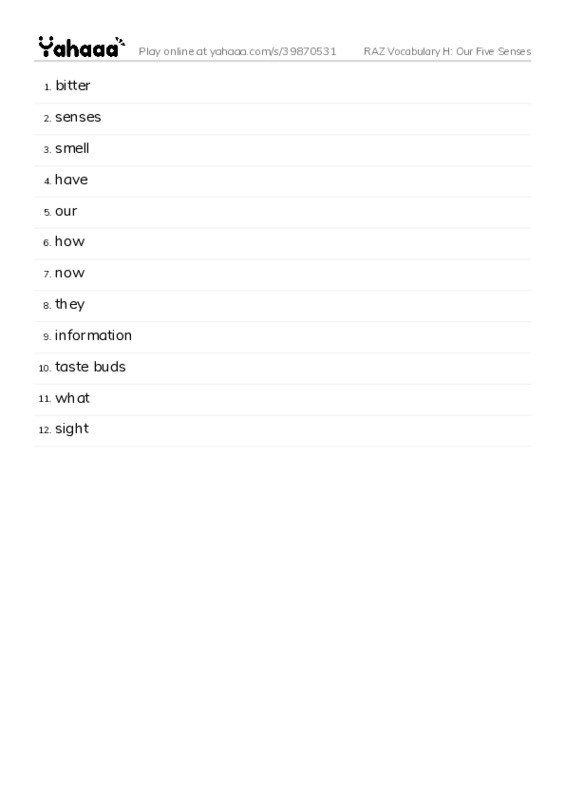RAZ Vocabulary H: Our Five Senses PDF words glossary