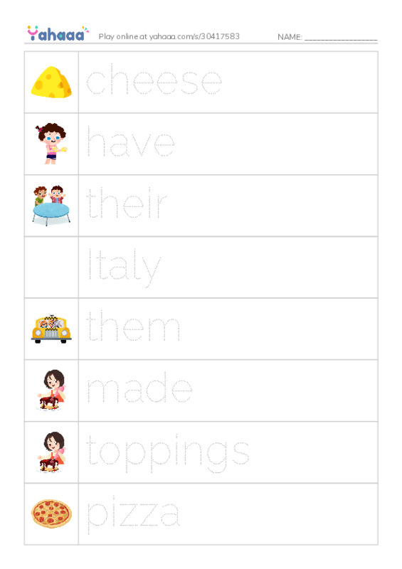 RAZ Vocabulary H: Pizza PDF one column image words
