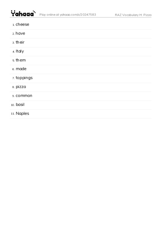 RAZ Vocabulary H: Pizza PDF words glossary