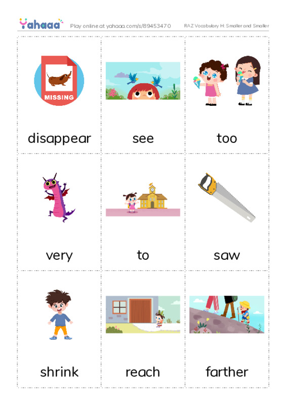 RAZ Vocabulary H: Smaller and Smaller PDF flaschards with images