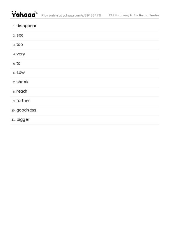 RAZ Vocabulary H: Smaller and Smaller PDF words glossary