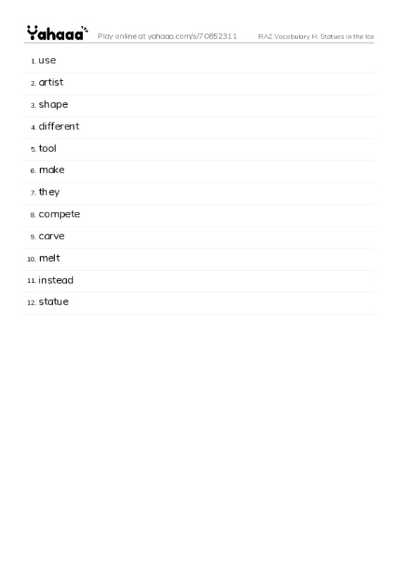 RAZ Vocabulary H: Statues in the Ice PDF words glossary
