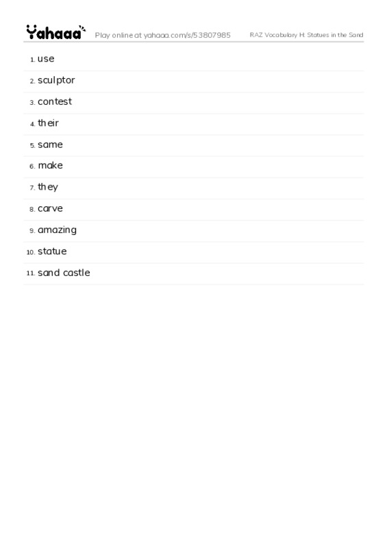 RAZ Vocabulary H: Statues in the Sand PDF words glossary