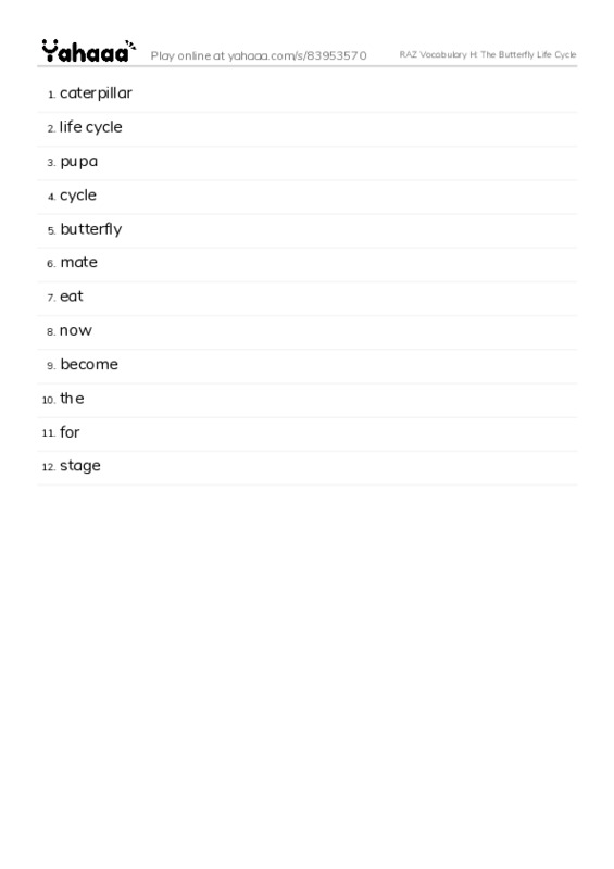 RAZ Vocabulary H: The Butterfly Life Cycle PDF words glossary