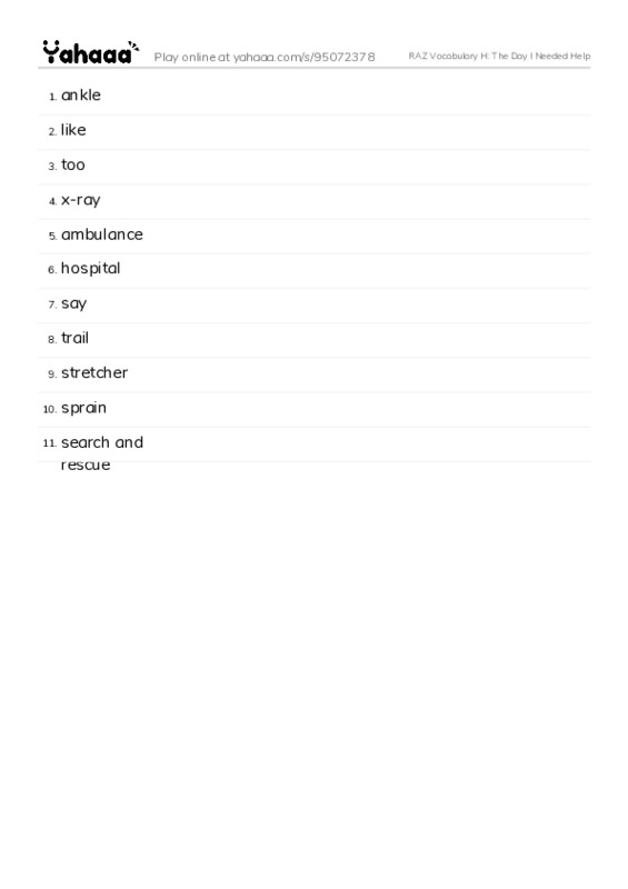 RAZ Vocabulary H: The Day I Needed Help PDF words glossary