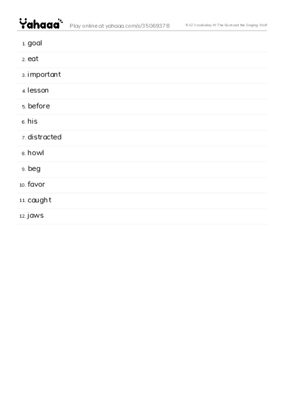 RAZ Vocabulary H: The Goat and the Singing Wolf PDF words glossary