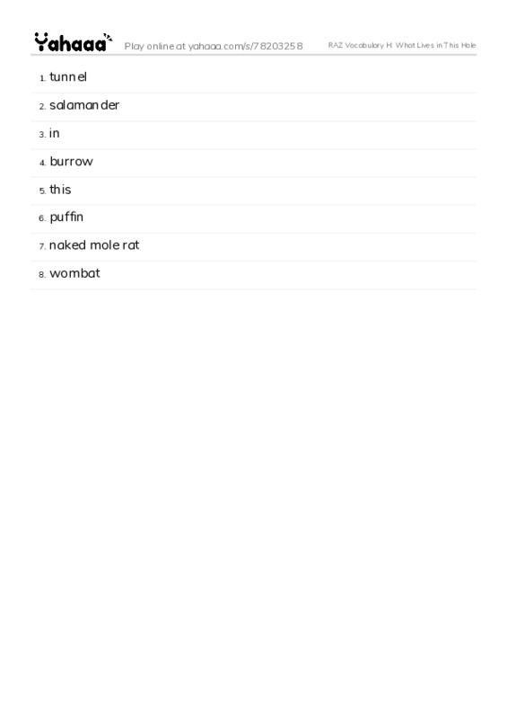 RAZ Vocabulary H: What Lives in This Hole PDF words glossary