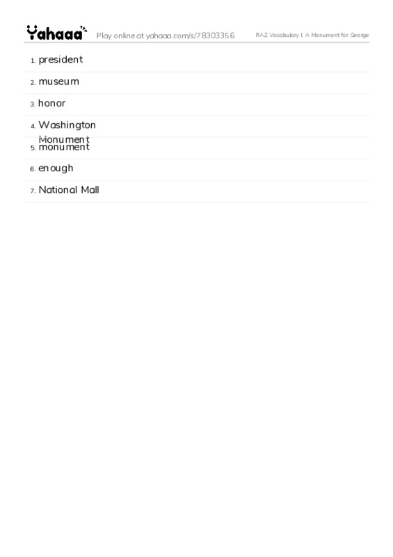 RAZ Vocabulary I: A Monument for George PDF words glossary