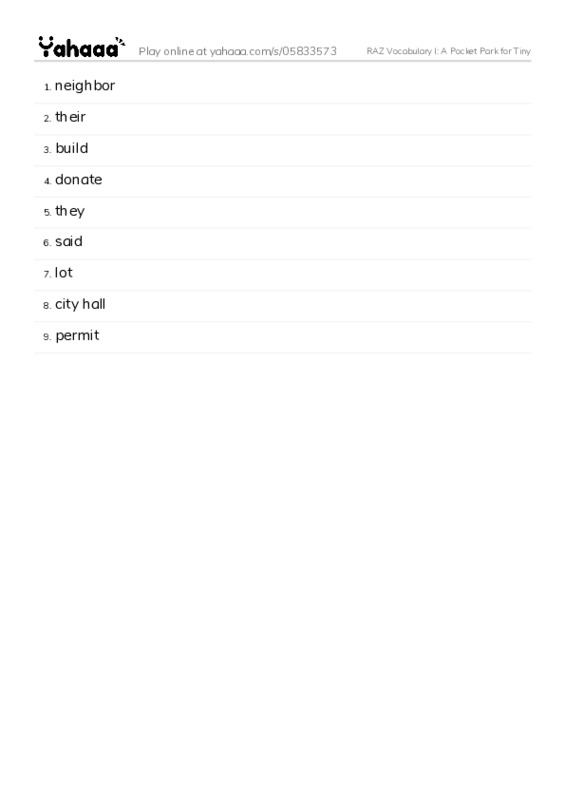 RAZ Vocabulary I: A Pocket Park for Tiny PDF words glossary
