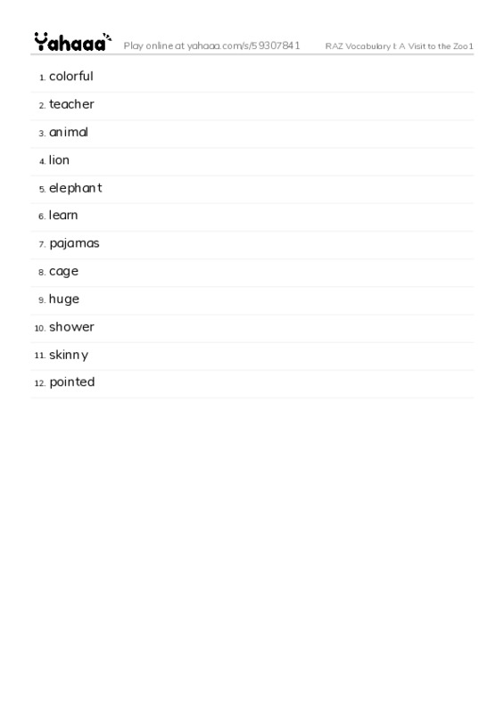 RAZ Vocabulary I: A Visit to the Zoo1 PDF words glossary