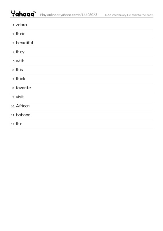 RAZ Vocabulary I: A Visit to the Zoo2 PDF words glossary