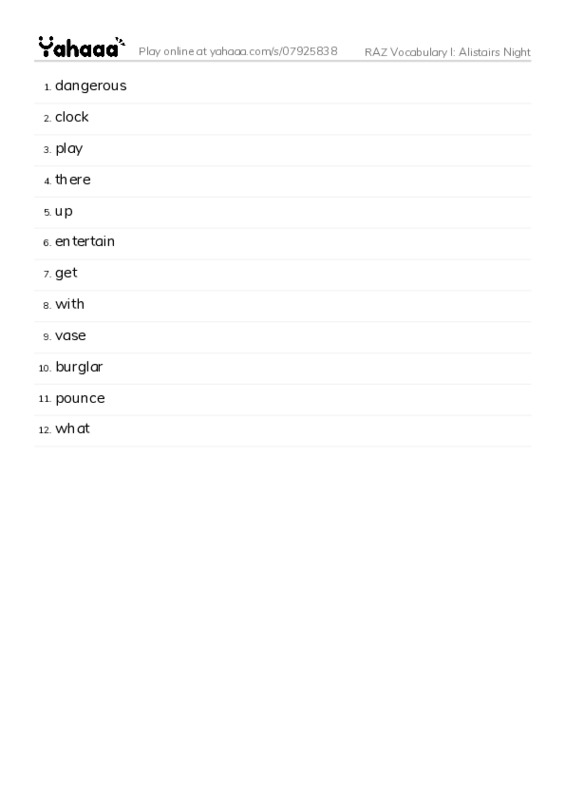 RAZ Vocabulary I: Alistairs Night PDF words glossary