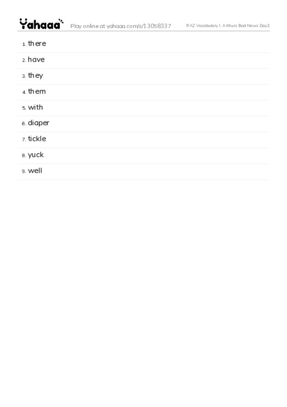 RAZ Vocabulary I: Arthurs Bad News Day2 PDF words glossary