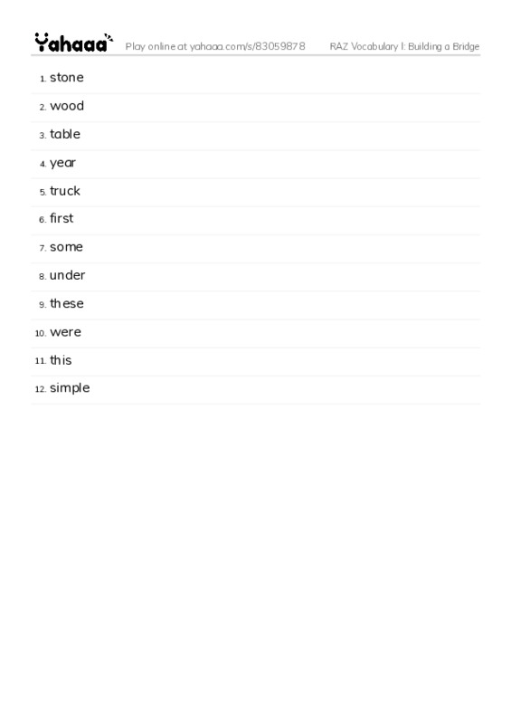 RAZ Vocabulary I: Building a Bridge PDF words glossary
