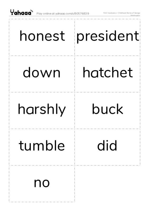RAZ Vocabulary I: Childhood Stories of George Washington PDF two columns flashcards