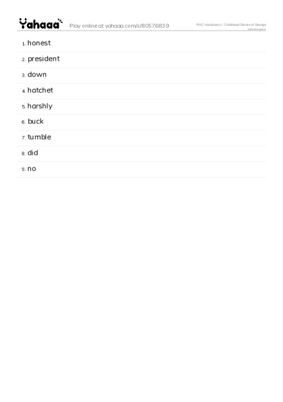 RAZ Vocabulary I: Childhood Stories of George Washington PDF words glossary
