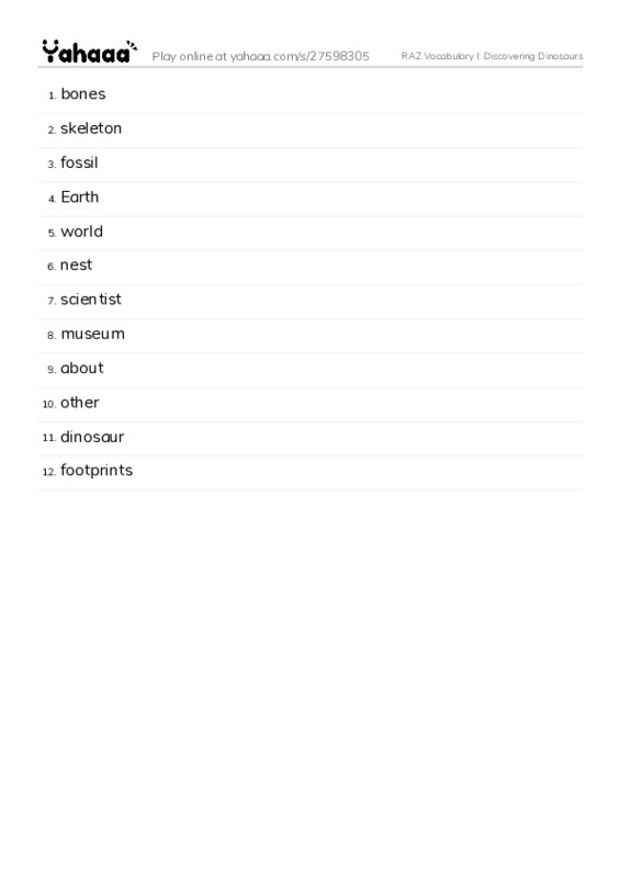 RAZ Vocabulary I: Discovering Dinosaurs PDF words glossary