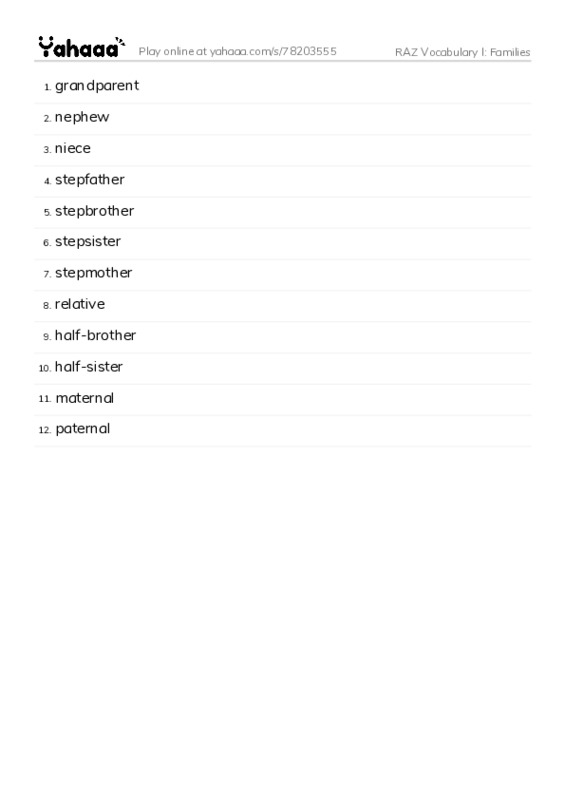 RAZ Vocabulary I: Families PDF words glossary