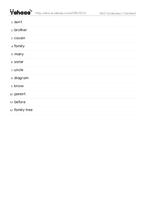 RAZ Vocabulary I: Families1 PDF words glossary