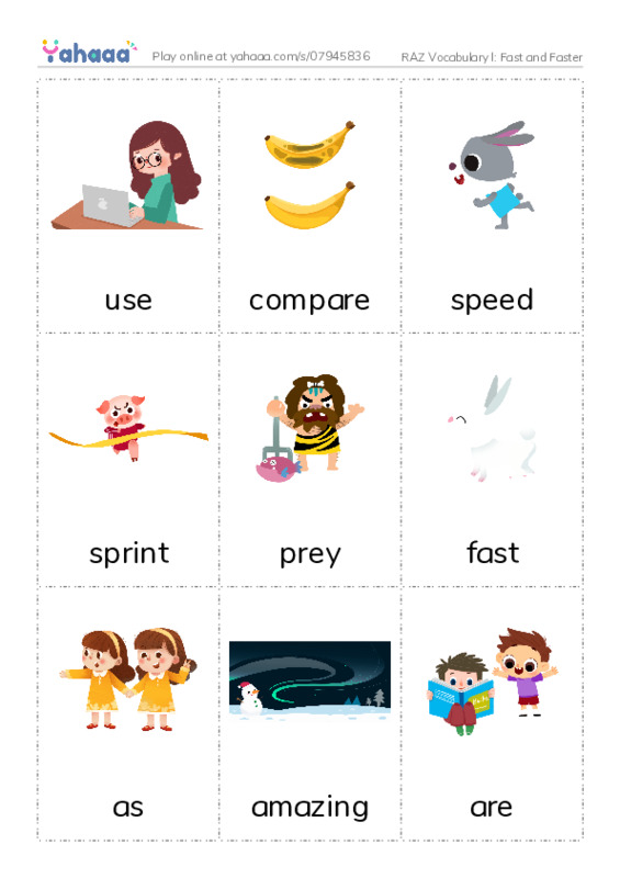RAZ Vocabulary I: Fast and Faster PDF flaschards with images