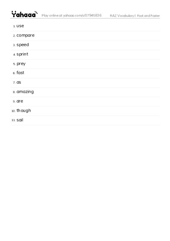 RAZ Vocabulary I: Fast and Faster PDF words glossary