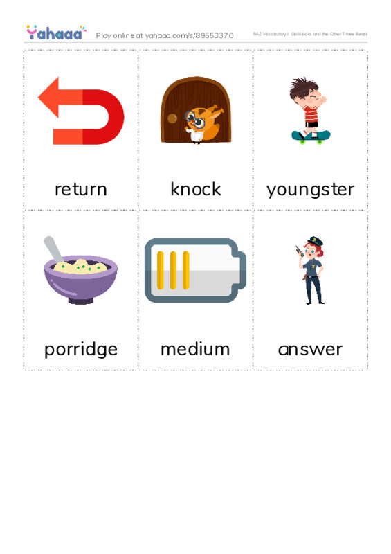 RAZ Vocabulary I: Goldilocks and the Other Three Bears PDF flaschards with images