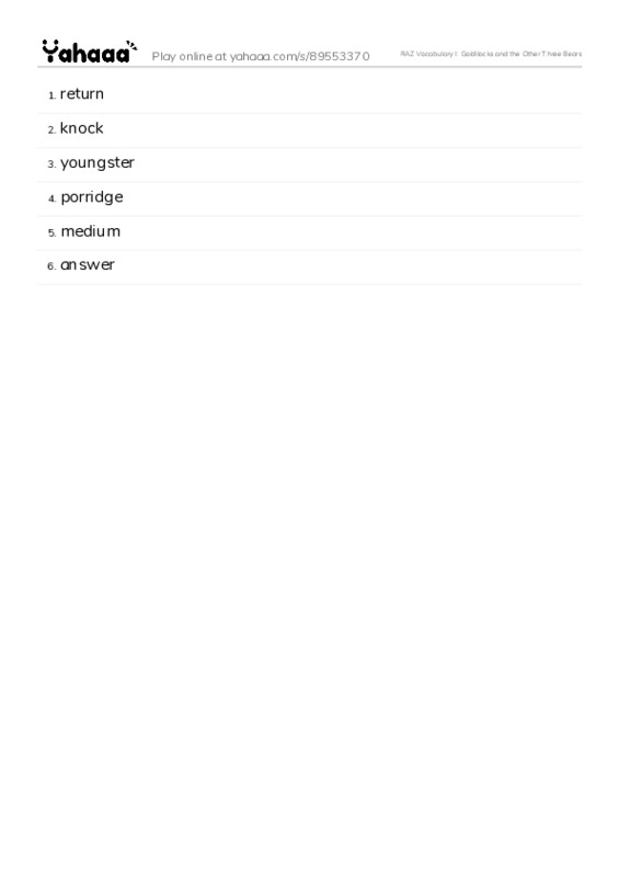 RAZ Vocabulary I: Goldilocks and the Other Three Bears PDF words glossary