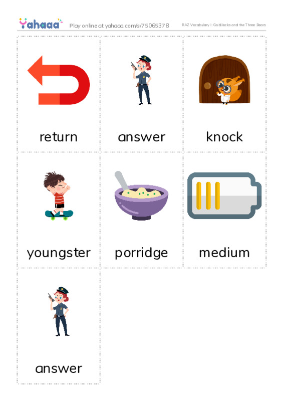 RAZ Vocabulary I: Goldilocks and the Three Bears PDF flaschards with images