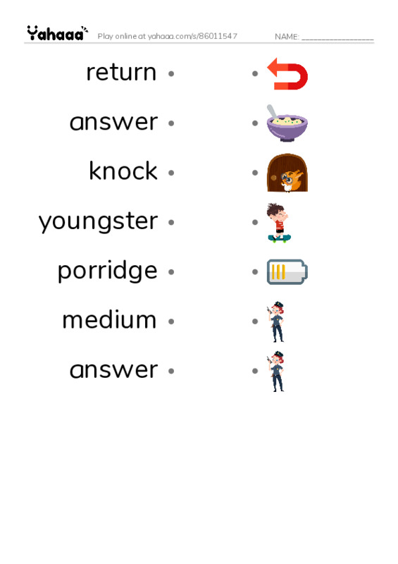 RAZ Vocabulary I: Goldilocks and the Three Bears PDF link match words worksheet