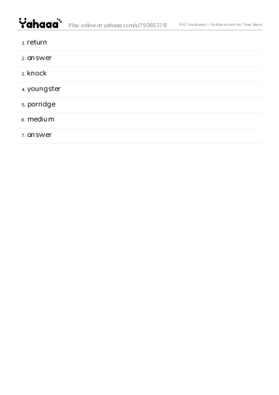 RAZ Vocabulary I: Goldilocks and the Three Bears PDF words glossary