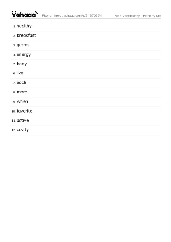 RAZ Vocabulary I: Healthy Me PDF words glossary