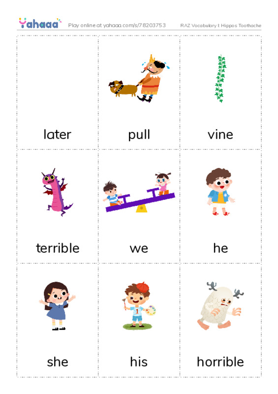 RAZ Vocabulary I: Hippos Toothache PDF flaschards with images