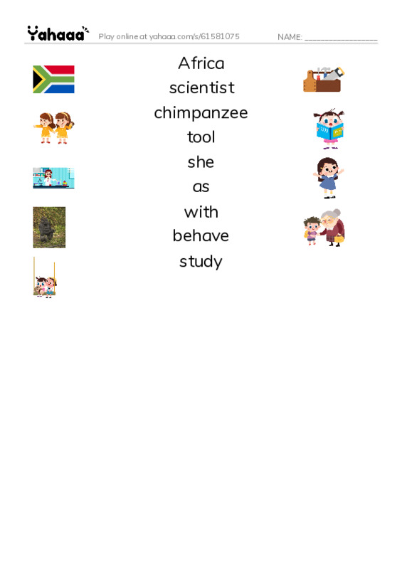 RAZ Vocabulary I: Jane Goodall PDF three columns match words