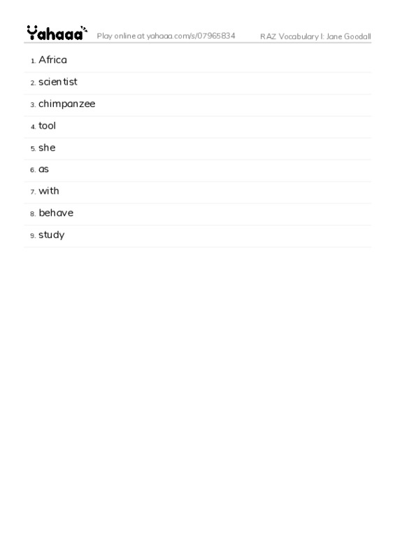RAZ Vocabulary I: Jane Goodall PDF words glossary