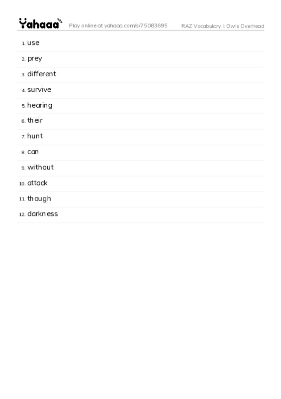 RAZ Vocabulary I: Owls Overhead PDF words glossary