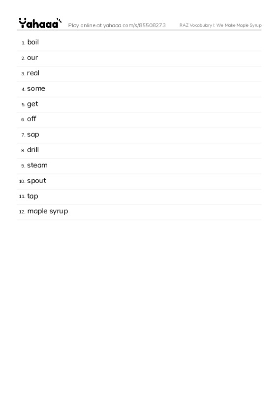 RAZ Vocabulary I: We Make Maple Syrup PDF words glossary