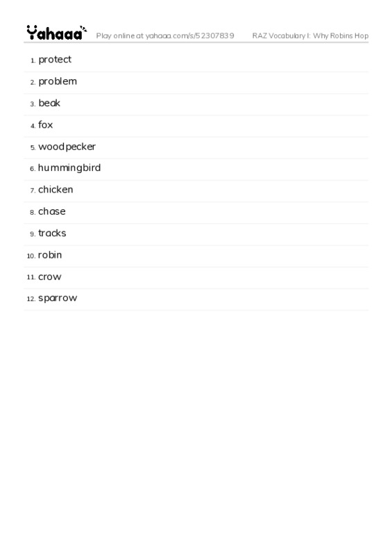 RAZ Vocabulary I: Why Robins Hop PDF words glossary
