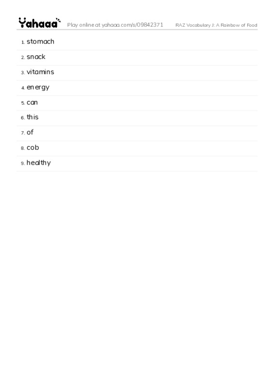 RAZ Vocabulary J: A Rainbow of Food PDF words glossary