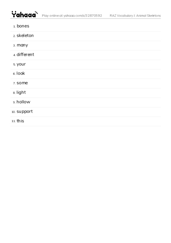 RAZ Vocabulary J: Animal Skeletons PDF words glossary